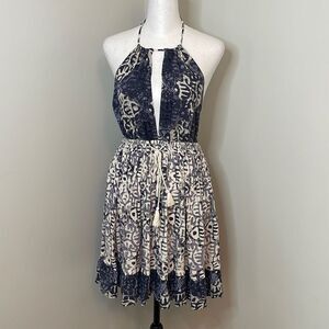 Free People Women's Halter Neck Dress Beach Summer Mini Tie Waist Blue Small‎